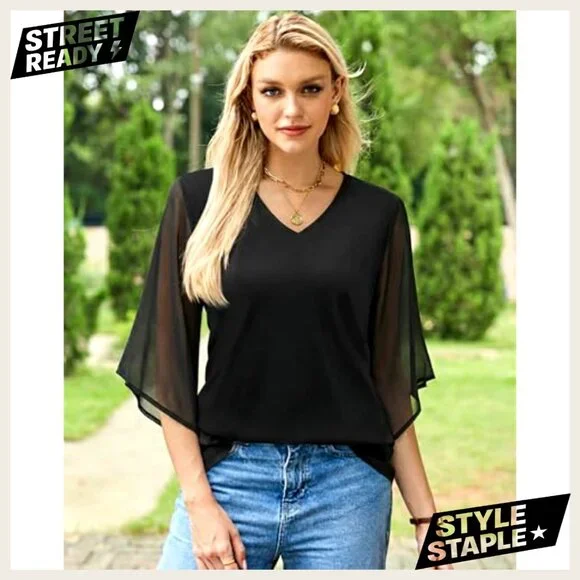 3/4 Sleeve V-Neck Chiffon Blouse Double Layer Casual Dressy Top - Picture 3 of 7